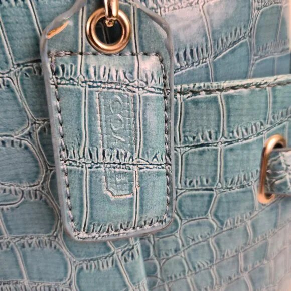 Coach Croc Embossed Leather Tote Teal Blue Shoulder Bag New Style 5659